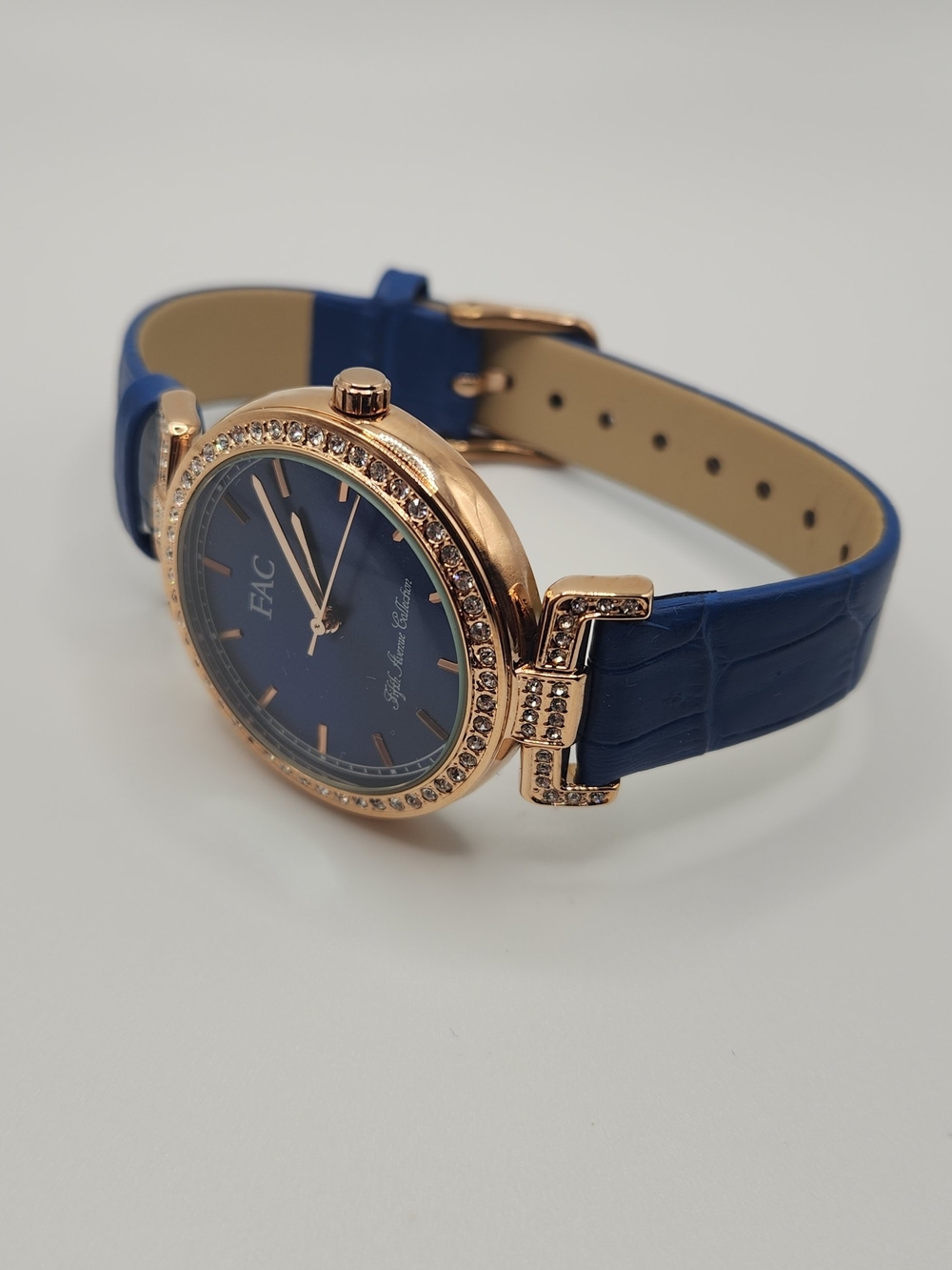 Fac Blue Dial Crystal-Accent Women's Watch with Blue Leather Strap